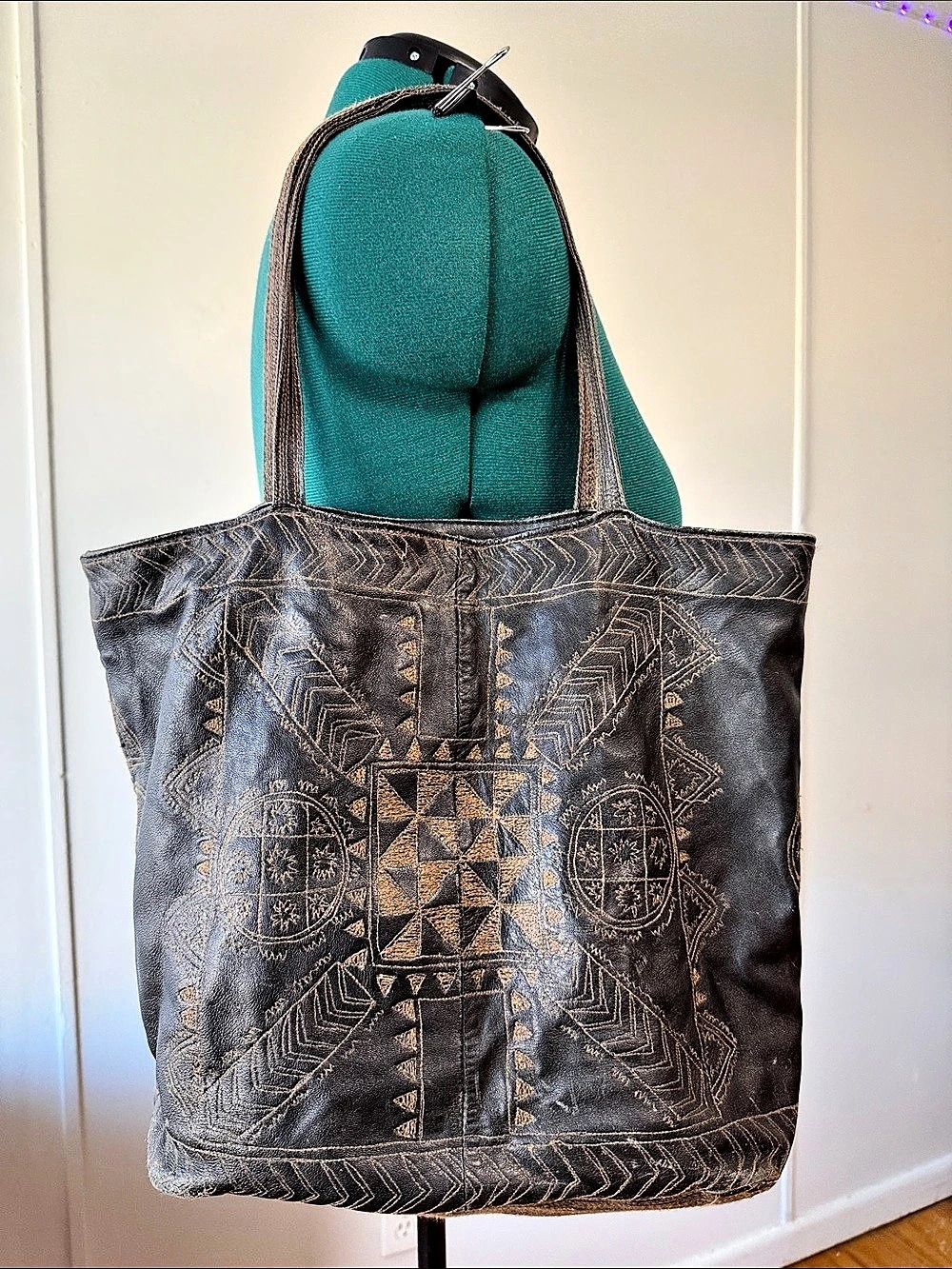 Chico's Geometric Embroidered Tote in Black & Brown